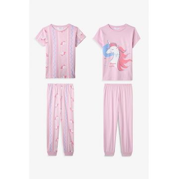 Set de pijamale lungi cu imprimeu cu unicorn - 4 piese - Albastru azur/Roz