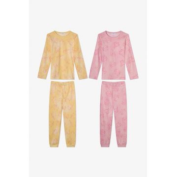Set de pijamale lungi cu model - 4 piese - Roz deschis/Portocaliu deschis