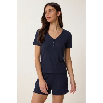 Set pijama femei - Happiness Istanbul - decolteu in V - bleumarin - bumbac-elastan -