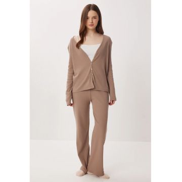 Set pijamale - Happiness Istanbul - cu cardigan lung - decolteu in V - bej natural - bumbac 95%