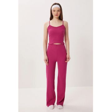 Set pijamale - Happiness Istanbul - tricotat cu decolteu in V - cu nervuri - roz magenta - bumbac