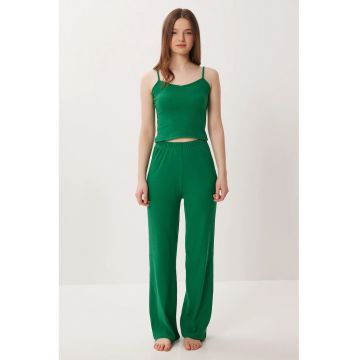 Set pijamale - Happiness Istanbul - tricotat cu decolteu in V - cu nervuri - verde - bumbac-poliester