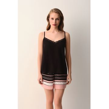 Top cu model monograma si pantaloni scurti de pijama - Alb/Negru/Roz