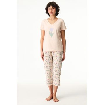 Tricou de pijama cu decolteu in V si imprimeu lalele - Alb murdar