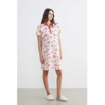 Camasa de noapte din bumbac cu model inimi - Rosu/Maro/Roz pal