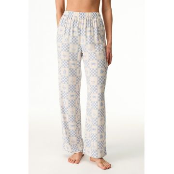 Pantaloni de pijama din bumbac cu model - Alb fildes/Albastru deschis