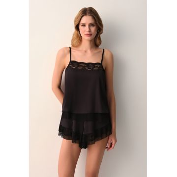 Pantaloni scurti de pijama cu detalii din tul - Maro inchis/Negru stins