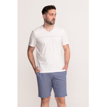 Pijama cu decolteu in V si pantaloni scurti Noris - Alb murdar/Albastru
