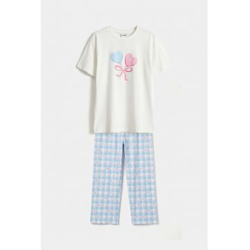 Pijama cu imprimeu si maneci scurte - Albastru pastel/Alb fildes