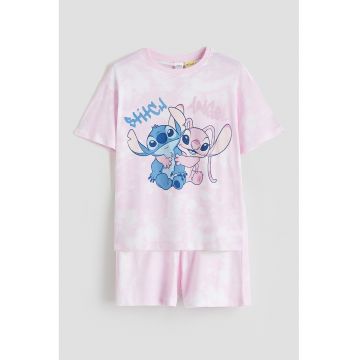 Pijama cu maneci scurte si imprimeu desene animate - Alb/Roz pastel