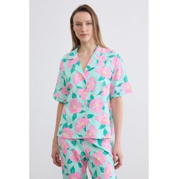 Pijama cu maneci scurte si imprimeu floral - Turcoaz/Roz