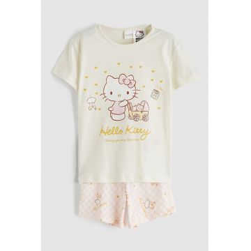 Pijama cu maneci scurte si imprimeu Hello Kitty - Galben pal/Roz pal
