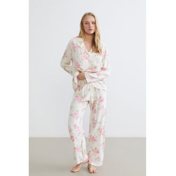 Pijama cu model floral si nasturi - Fucsia/Alb murdar