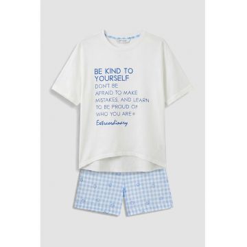 Pijama cu model si pantaloni scurti - Albastru pastel/Albastru inchis/Alb murdar