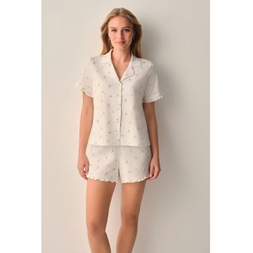 Pijama cu nasturi si maneci scurte - Alb fildes/Verde sparanghel/Galben mustar