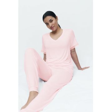Pijama cu pantaloni lungi si decolteu in V - Roz pal
