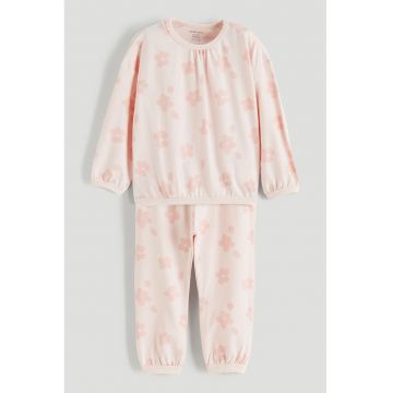 Pijama cu pantaloni lungi si model floral - Roz pastel/Roz pal