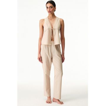 Pijama cu pantaloni lungi si model uni - Bej inchis