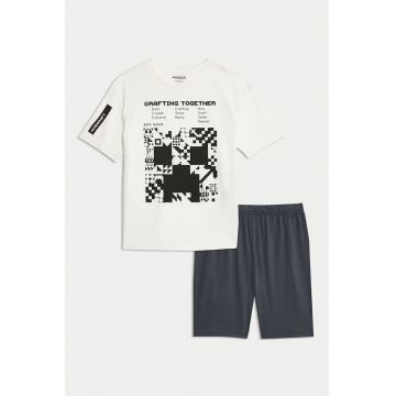 Pijama cu pantaloni scurti cu imprimeu Minecraft - Alb murdar/Gri inchis