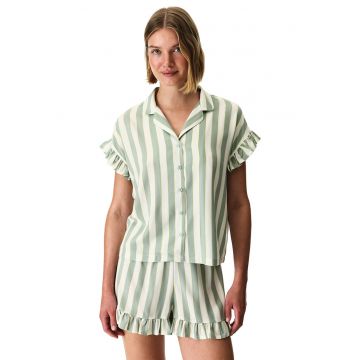 Pijama cu pantaloni scurti cu volane si dungi - Alb/Galben deschis/Verde fistic