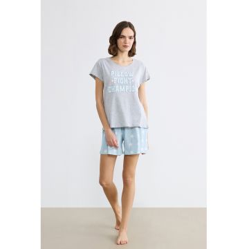 Pijama cu pantaloni scurti din amestec de bumbac - Albastru pastel/Gri melange