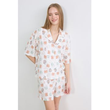 Pijama cu pantaloni scurti din bumbac si imprimeu grafic - Alb/Coral