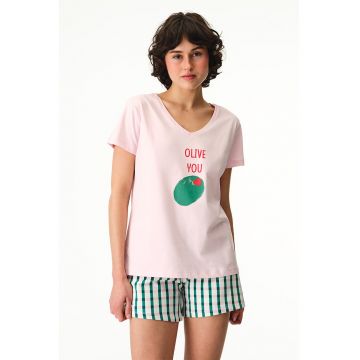 Pijama cu pantaloni scurti si decolteu in V - Verde/Roz deschis