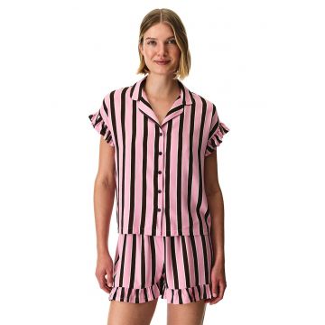 Pijama cu pantaloni scurti si dungi - Alb/Maro inchis/Roz deschis