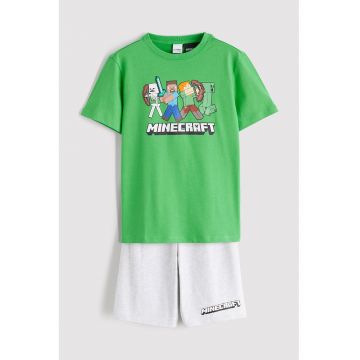 Pijama cu pantaloni scurti si imprimeu Minecraft - Verde deschis/Gri deschis melange