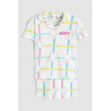 Pijama cu pantaloni scurti si imprimeu variat - Alb/Albastru neon/Roz