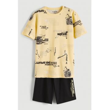 Pijama cu pantaloni scurti - talie elastica si model - Negru/Portocaliu pastel