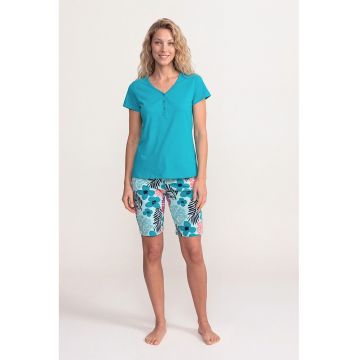 Pijama cu pantaloni sucrti si imprimeu floral Valerie - Turcoaz