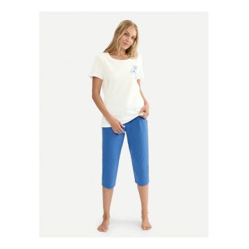 Pijama dama -  alb si albastru - bumbac - maneca scurta -