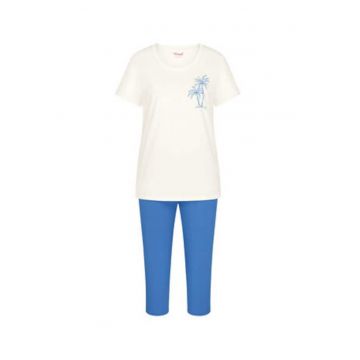 Pijama dama -  alb si albastru - bumbac - maneca scurta -