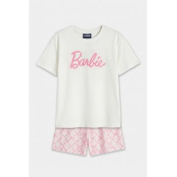 Pijama de bumbac cu imprimeu Barbie - Alb/Roz pastel