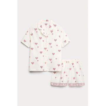 Pijama de bumbac cu imprimeu cu inimi - Rosu/Alb murdar