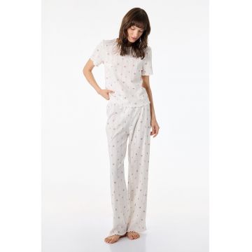 Pijama de bumbac cu model floral - Alb murdar/Roz