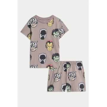 Pijama de bumbac cu pantaloni scurti si imprimeu Marvel - Maro camel