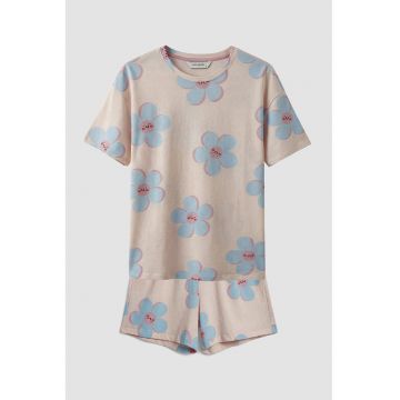 Pijama de bumbac cu pantaloni scurti si model floral - Piersica