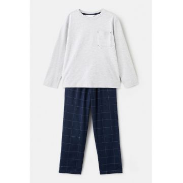 Pijama din amestec de bumbac cu buzunar pe piept - Gri deschis melange/Bleumarin