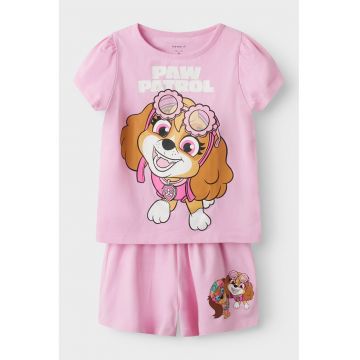 Pijama din amestec de bumbac cu pantaloni scurti si imprimeu Paw Patrol - Maro/Roz