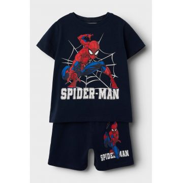 Pijama din amestec de bumbac cu pantaloni scurti si imprimeu Spider-Man - Rosu/Albastru ultramarin