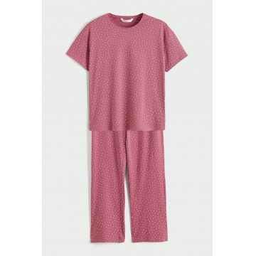 Pijama din bumbac cu buline - Roz inchis