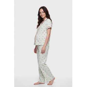 Pijama din bumbac cu imprimeu capsuni - pentru gravide - Alb/Verde pal