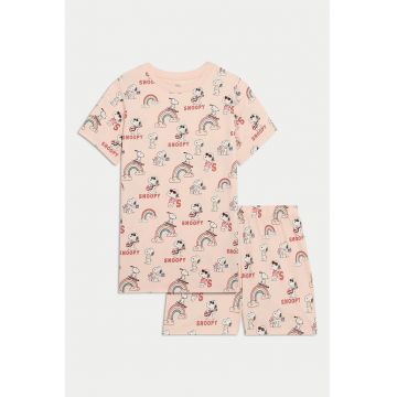 Pijama din bumbac cu imprimeu desene animate - Coral/Piersica/Bej deschis