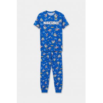 Pijama din bumbac cu imprimeu grafic - Albastru