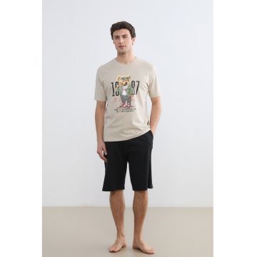 Pijama din bumbac cu imprimeu - Negru/Bej nisip