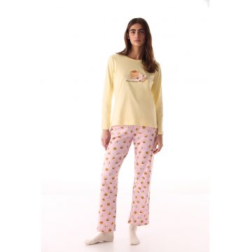 Pijama din bumbac cu imprimeu - Roz deschis/Galben deschis
