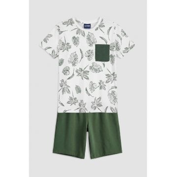 Pijama din bumbac cu imprimeu tropical - Alb/Verde padure