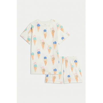 Pijama din bumbac cu model - Albastru inchis/Portocaliu pal/Crem